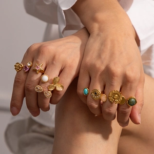 Vintage gold titanium steel open rings set with colorful gemstones and pearls for women