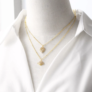 Double layer gold plated heart and planet pendant necklace with zircon crystals for women