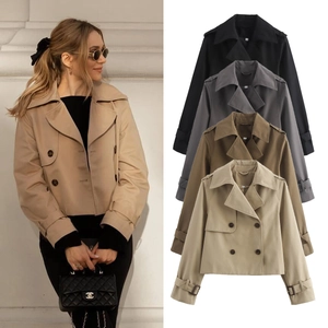 Detailed close-up showing available colors and S size label of women's double-breasted jacket
