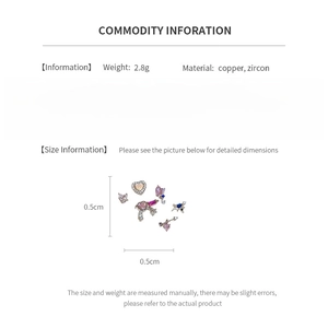 Detailed size specifications for heart and zircon stud earrings with copper material