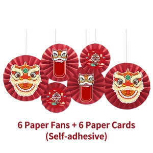 Chinese New Year wall decoration set with 6 red paper fans and cartoon lion head cards