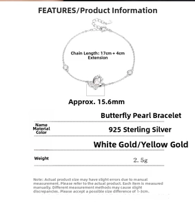 Detail view of 925 silver butterfly pearl bracelet with dimensions and product specifications