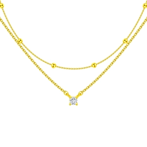 Double-layer gold necklace featuring small gold beads and a sparkling zircon pendant