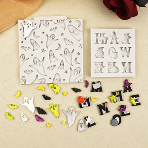 Halloween silicone molds featuring ghosts, bats and letters for DIY chocolate cake decor