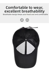 Detail view of the breathable mesh lining and adjustable metal buckle on a black baseball cap