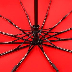 Interior view of 12-rib automatic folding umbrella with red fabric and black metal frame