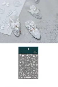 3D relief nail sticker featuring TS-1135 white embossed roses, bows and lace patterns