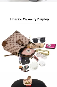 Internal capacity display of the vintage printed bucket bag with sub-pocket view