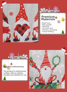 Close-up of burlap fabric texture with red Christmas gnome and festive heart prints