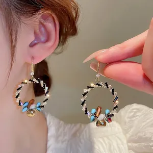 Boucles D'oreilles Bohémiennes Rondes En Cristal Coloré Avec Tige En Argent Bijoux Strass Géométriques Vintage Femmes