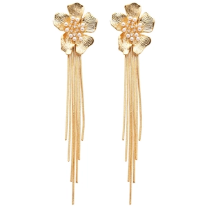 Elegant 18k gold-plated long tassel flower earrings with white pearls and sparkling zircons
