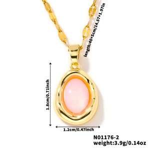 Close-up of gold necklace with pink oval gemstone pendant and size measurement details
