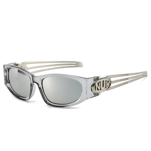 Fashionable square frame sunglasses with silver mirrored lenses and metal cutout temples