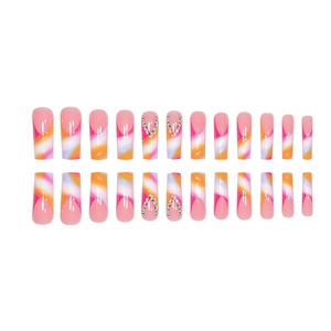 French gradient long coffin press-on nails with pink orange swirls and V-shaped rhinestones