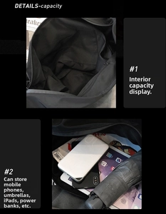 Detail view of large nylon crossbody bag interior with zip pocket and storage capacity