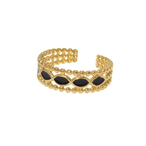 Retro 18K gold plated stainless steel open bangle with black enamel diamond design