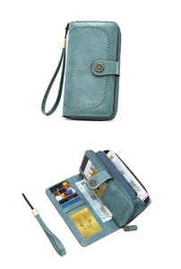 Macro view of blue long wallet showing multiple card slots and laser-cut details