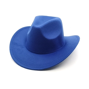 Detailed close-up of a royal blue felt cowboy hat featuring classic curved brim and stitch decor
