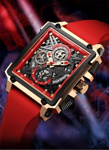 Macro shot of square hollow dial and red silicone strap of a sporty men's watch
