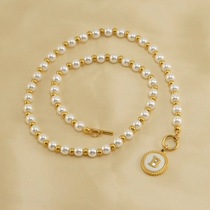 Elegant 18K gold stainless steel pearl necklace with shell letter B pendant and OT clasp