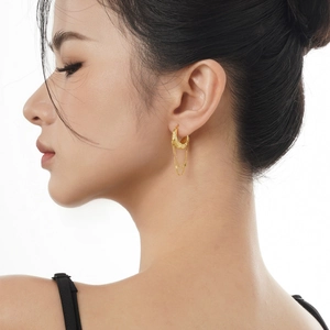 Chic S925 sterling silver irregular lava texture earrings with golden chain tassels