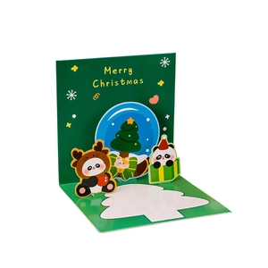 3D Pop-up Christmas card with cartoon panda and green forest tree, Merry Christmas text