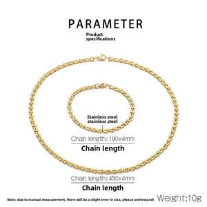 Detailed specs of gold H-link stainless steel necklace and bracelet set with lobster clasp