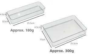 Clear acrylic drawer organizers in two sizes 25.5x8.5x4.5cm and 25.5x17x4.5cm for stationery