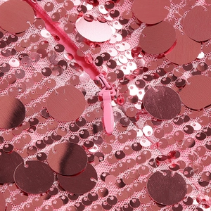 Detailed macro view of rose pink sequins and mesh fabric with matching zipper closure