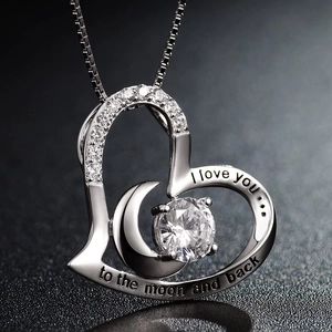 S925 sterling silver moon and heart necklace with I love you to the moon and back engraving