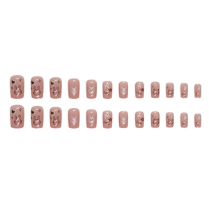 Pink press-on nails set with cute rabbit, cat, silver heart and star designs
