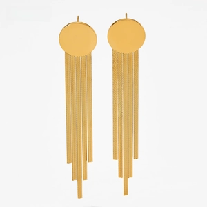 Detail of long gold tassel earrings featuring round studs and dangling snake chains