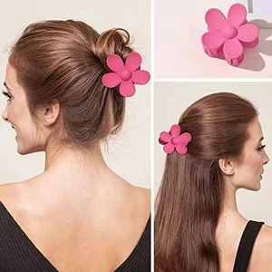 Matte rose pink flower hair claw clip shown in a stylish three-panel model hair tutorial