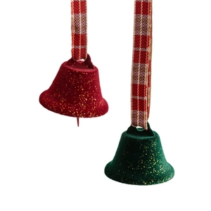 Christmas tree bells with red and green flocking finish and festive gold glitter accents