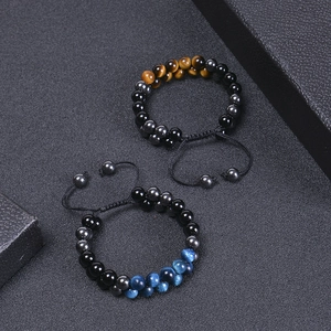 Double-layer woven blue tiger eye and obsidian bead bracelet with adjustable cord
