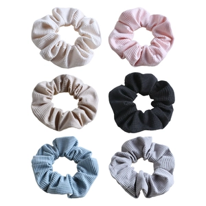 Set of 6 waffle texture scrunchies in beige pink khaki black blue and grey colors