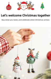 Detail view of handcrafted snowman and reindeer hanging ornaments for Christmas