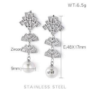 Fashion stainless steel drop earrings with zircon stones and 9mm white shell pearls
