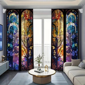 Detail of stained glass style curtain with celestial tree of life and moon patterns