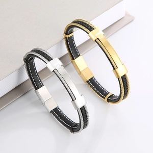 Retro stainless steel wire braided leather bracelet in gold and silver metal finishes