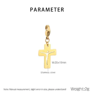 Detailed view of 20x15mm golden stainless steel cross pendant with lobster clasp