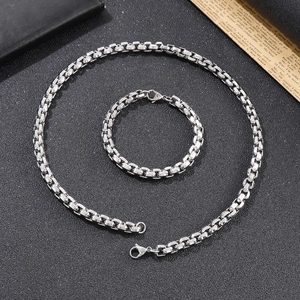 Mens minimalist silver stainless steel necklace and bracelet set with box chain links