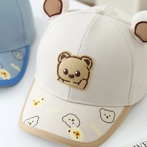 Cute beige toddler baseball cap with 3D bear ears and printed brim for boys and girls