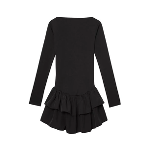 Elegantes schwarzes Langarm-Minikleid mit zweilagigem Volantsaum und schmaler Passform