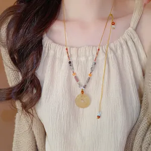 Collier Pendentif Vintage Perlé Avec Agate Jaune Et Grise Corde Tressée Chaîne Pull Style Chinois Moderne