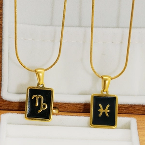 Minimalist 18K gold plated stainless steel square zodiac pendant with black enamel finish