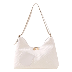 White quilted shoulder bag with V-shaped texture and golden dual zipper closure