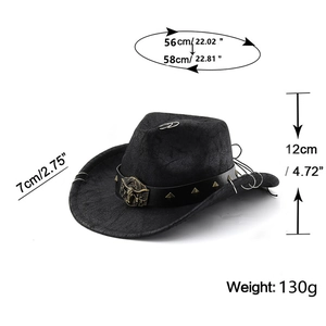 Detailed size chart of black Western cowboy hat featuring metal bullhead and studs