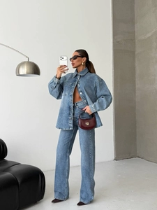 Chemise En Jean Et Pantalon Droit Pour Femmes Coton Lavé Vintage Taille Haute Streetwear Décontracté Manches Longues Bleu