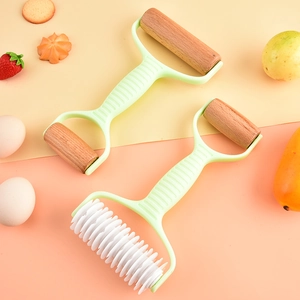 Dual-head wooden rolling pin and lattice pastry cutter on pink and yellow background